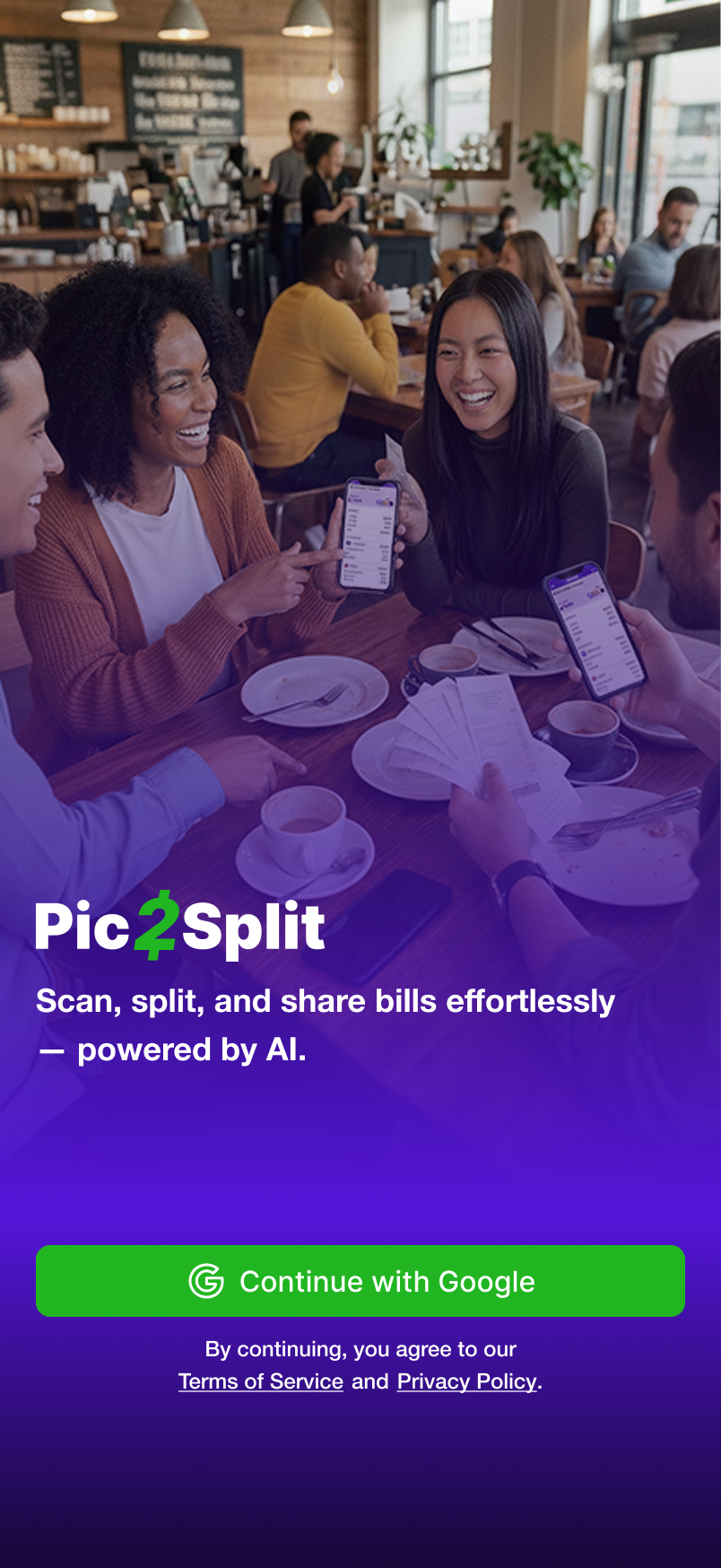 Pic2Split home screen ready to scan a receipt after signing in