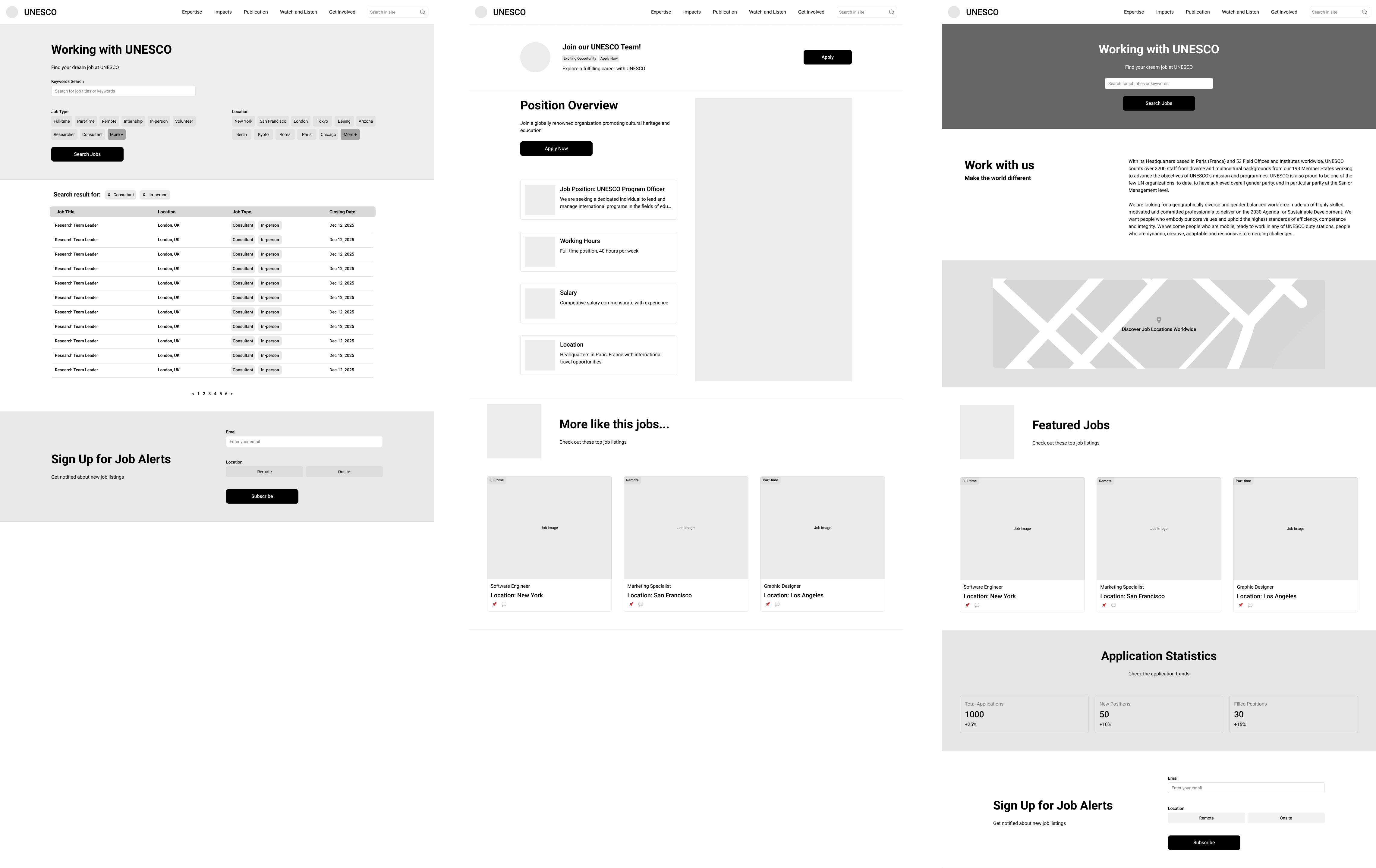 UNESCO redesign wireframes showing homepage search and career filtering structure