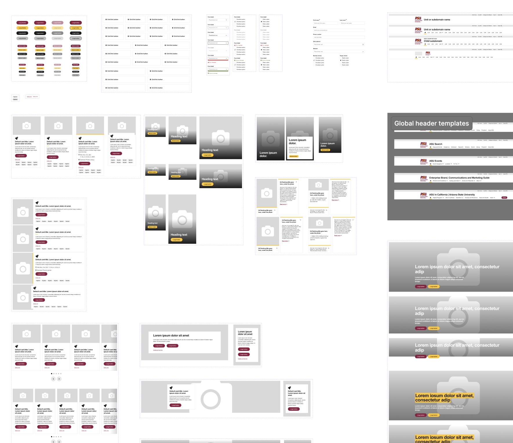 ASU Design System showing maroon and gold palette, typography, and UI components