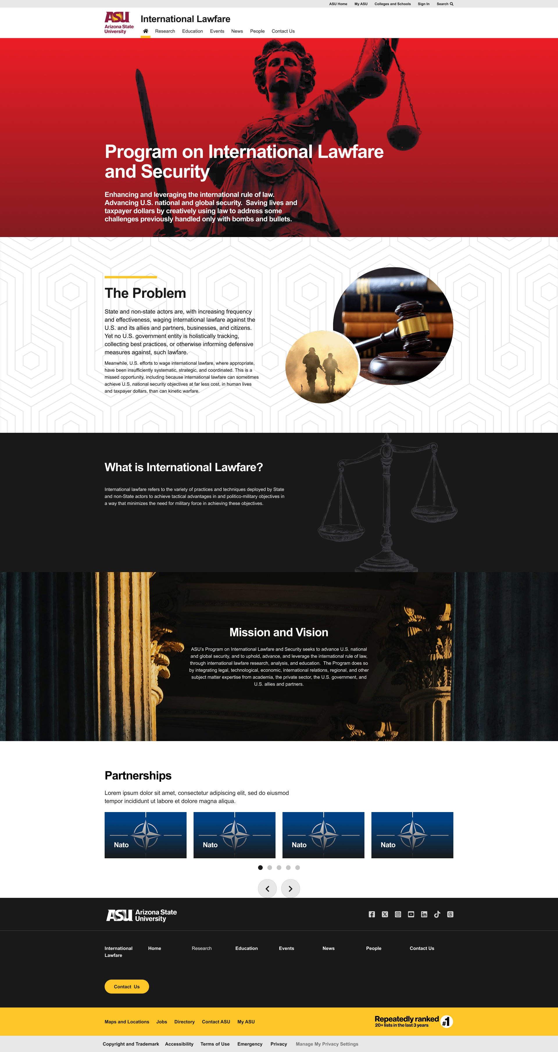 Lawfare program homepage showing global navigation and hero structure