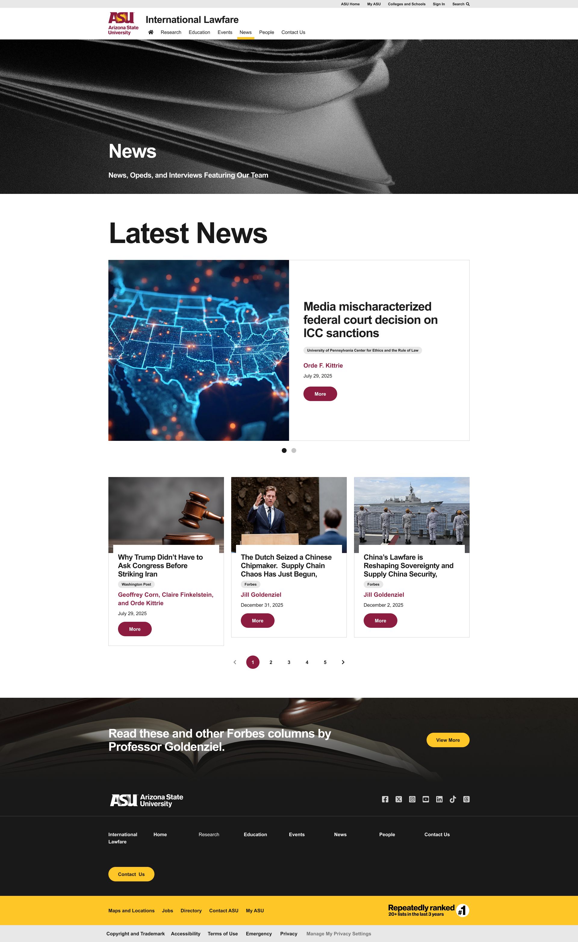News page with featured article and secondary article grid