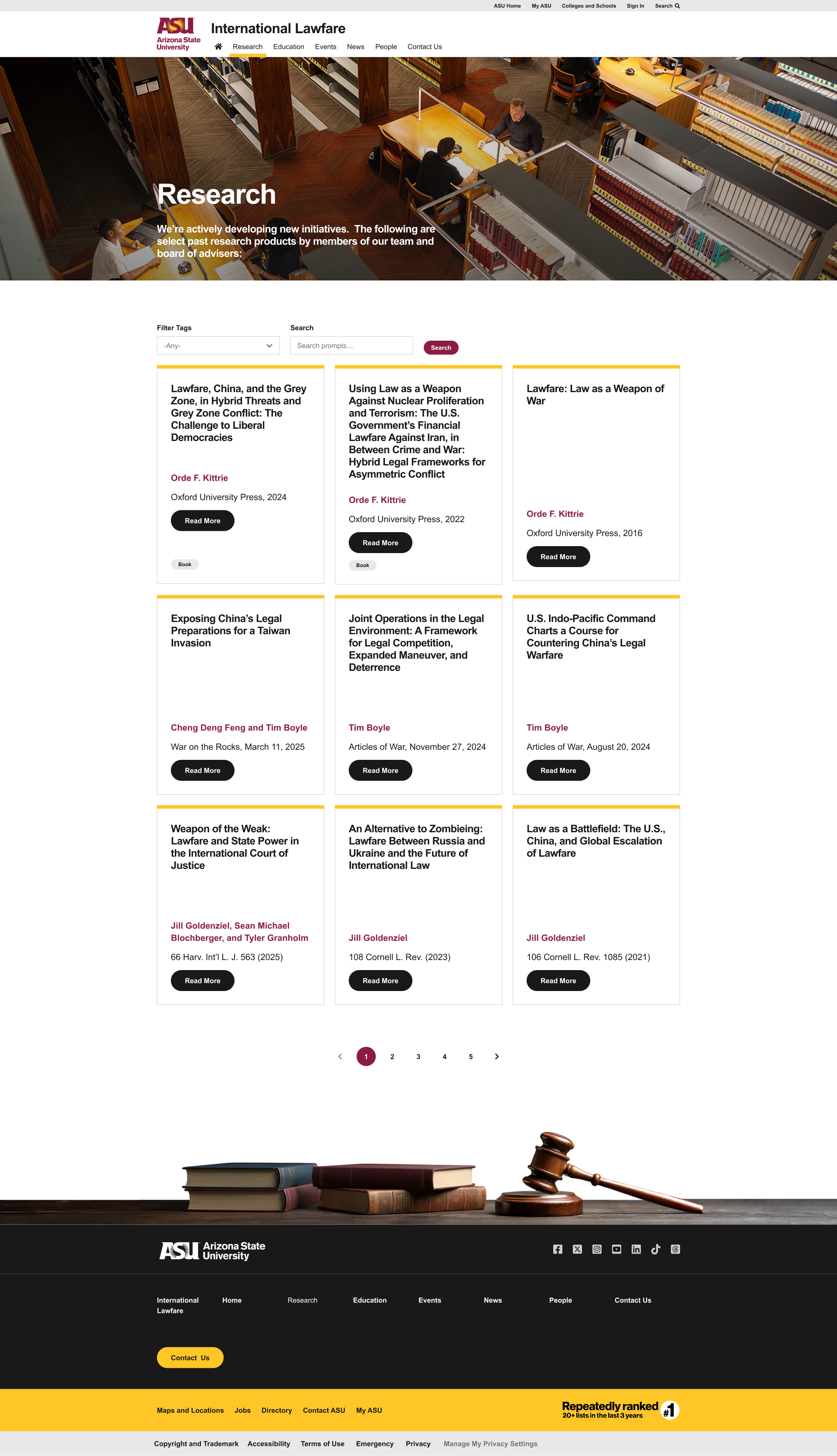 Lawfare Research page showing card UI, filters, and search