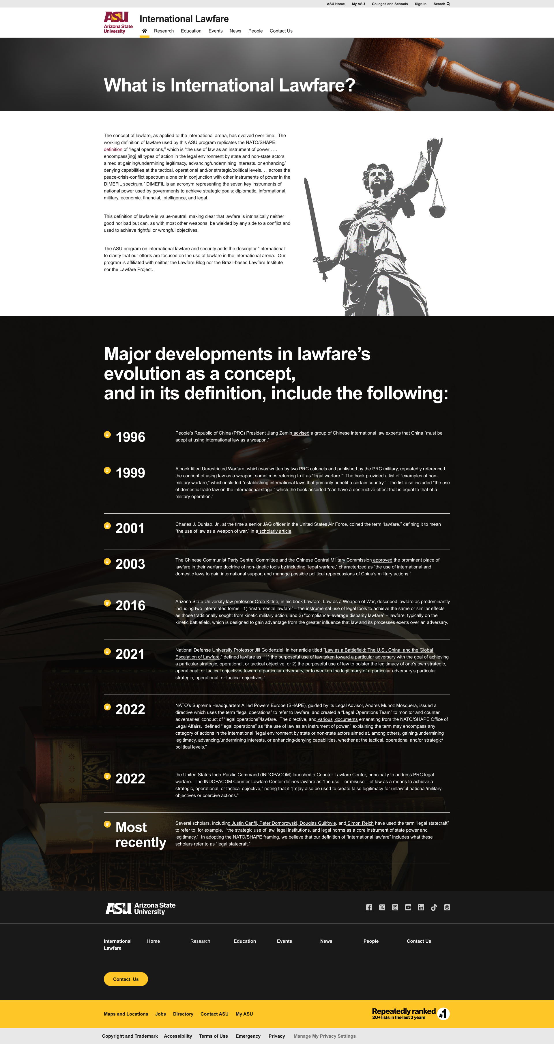 What is International Lawfare page with legal graphic and vertical timeline of major developments